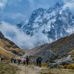 Group of hikers on the Salkantay trail with a snow-capped mountain in the background - Peru Hikers
