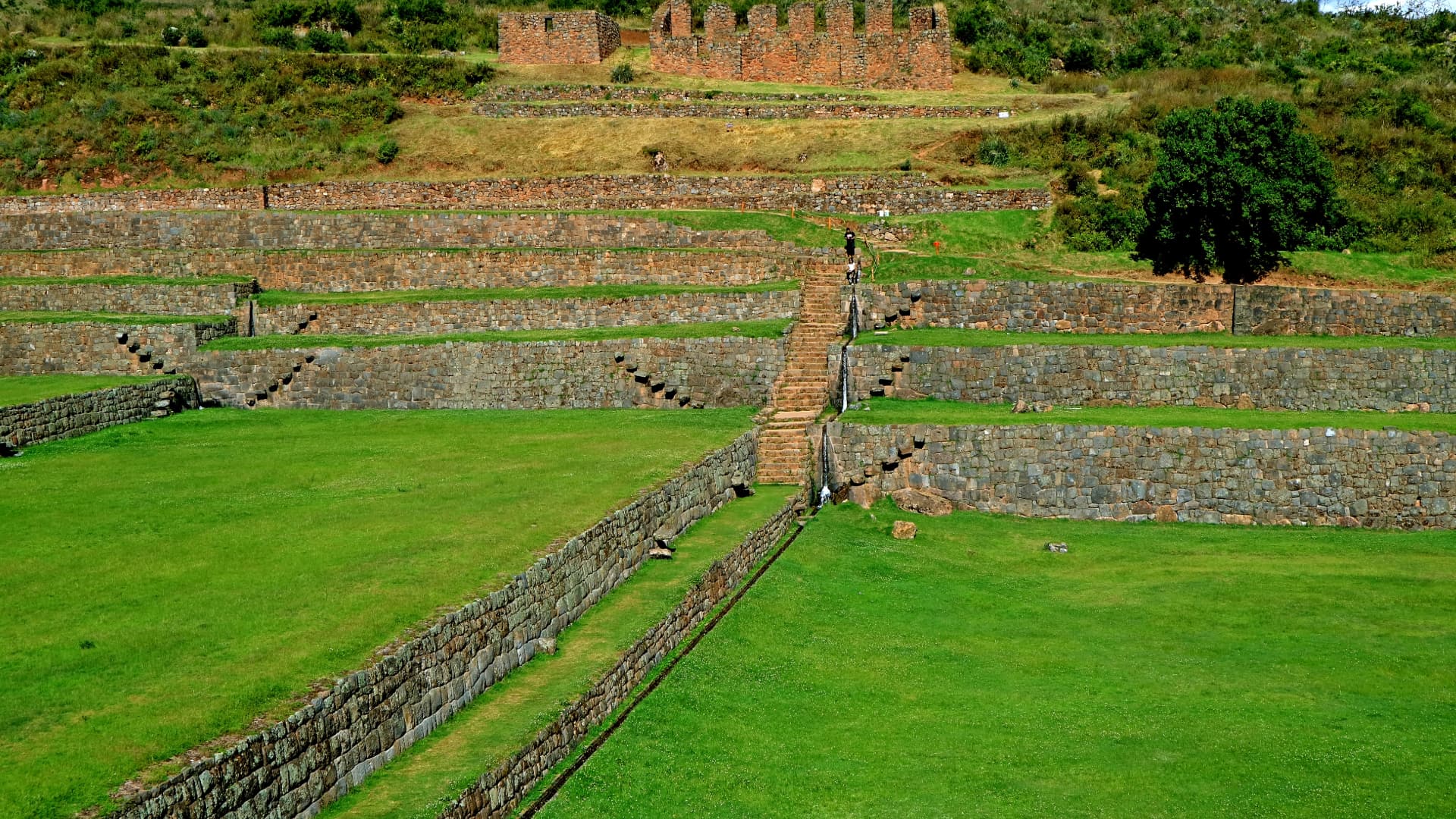 A wide view of the Inca agricultural terraces at Tipon, a highlight of the South Valley Cusco Tour with Peru Hikers.