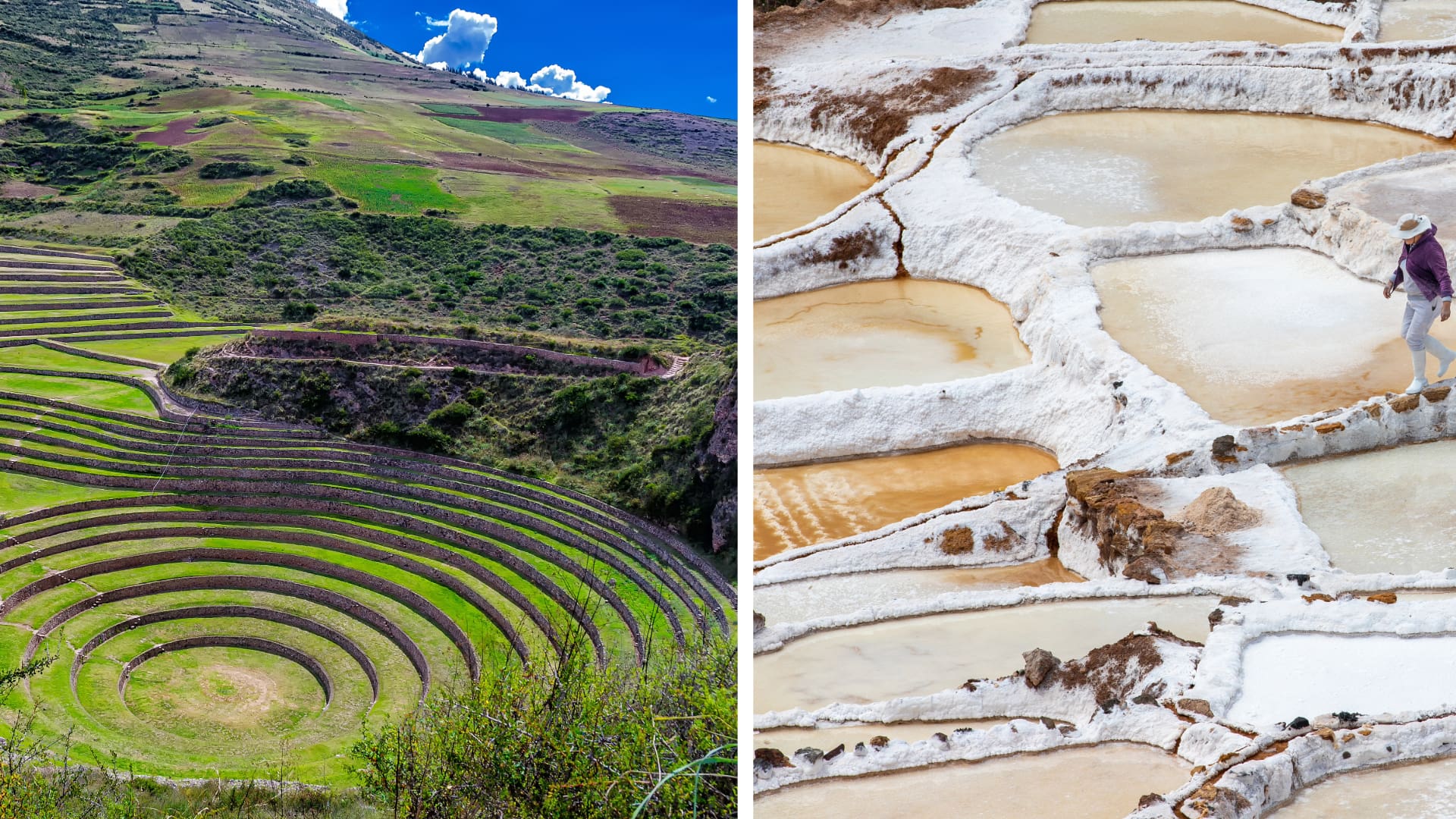 Collage of Moray and Maras, highlighting two unique Sacred Valley cultural experiences with Inca terraces and ancient salt pans - Peru Hikers
