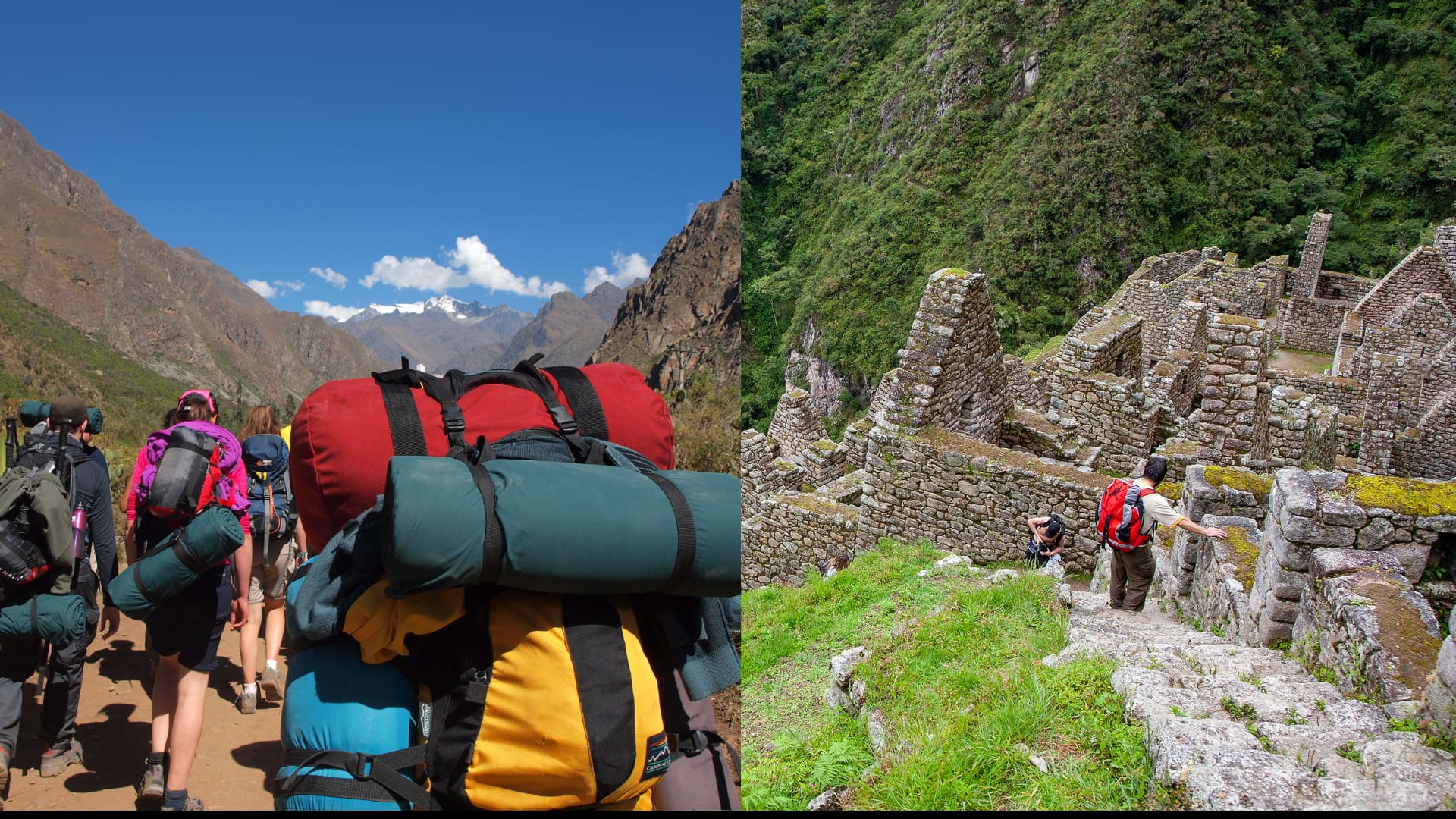 Group of hikers with backpacks on the Short Inca Trail for Beginners, passing through Andean landscapes and Inca ruins – Peru Hikers
