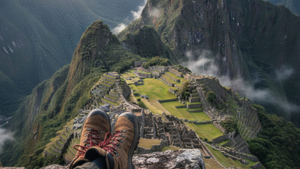 A hiker rests their best hiking boots for the inca trail while enjoying the iconic morning view of Machu Picchu - Peru Hikers