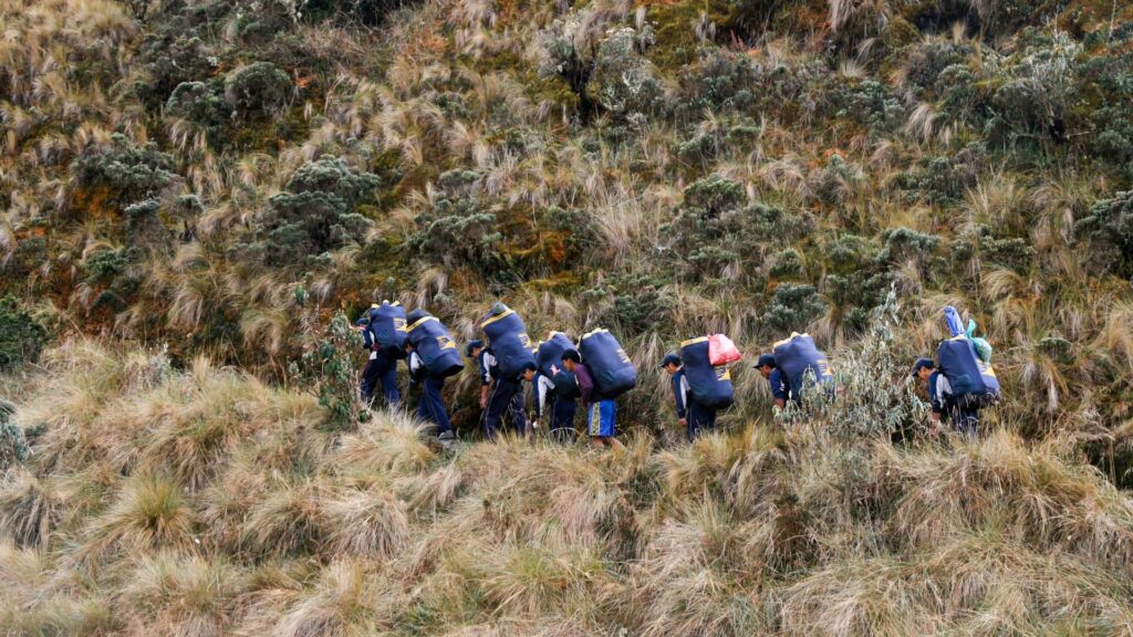 A long line of porters carrying heavy bags up a mountain, emphasizing the team effort and fair tipping in Peru etiquette - Peru Hikers