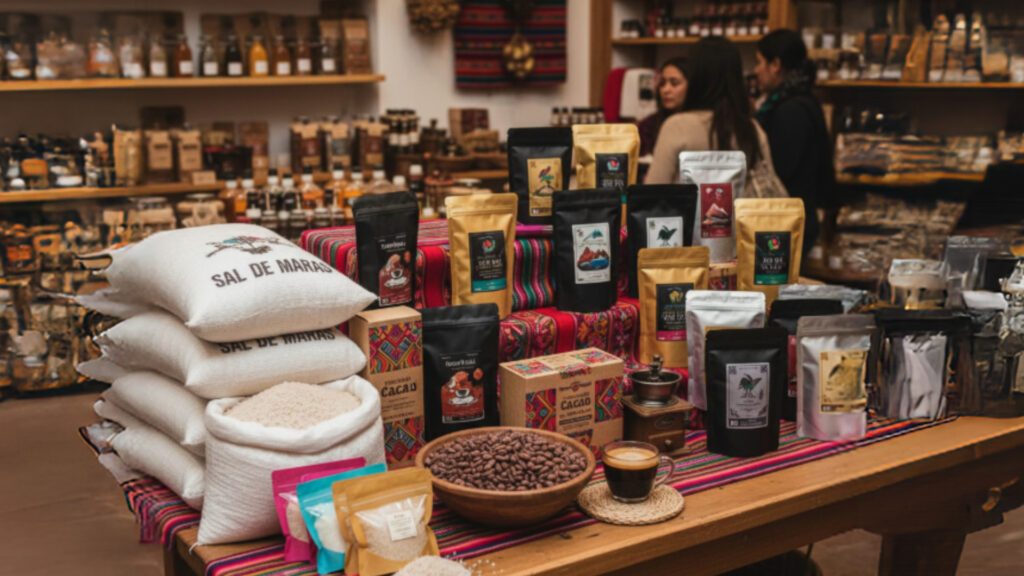 A display of authentic Peruvian coffee, cacao, and Sal de Maras, some of the best souvenirs from Cusco - Peru Hikers