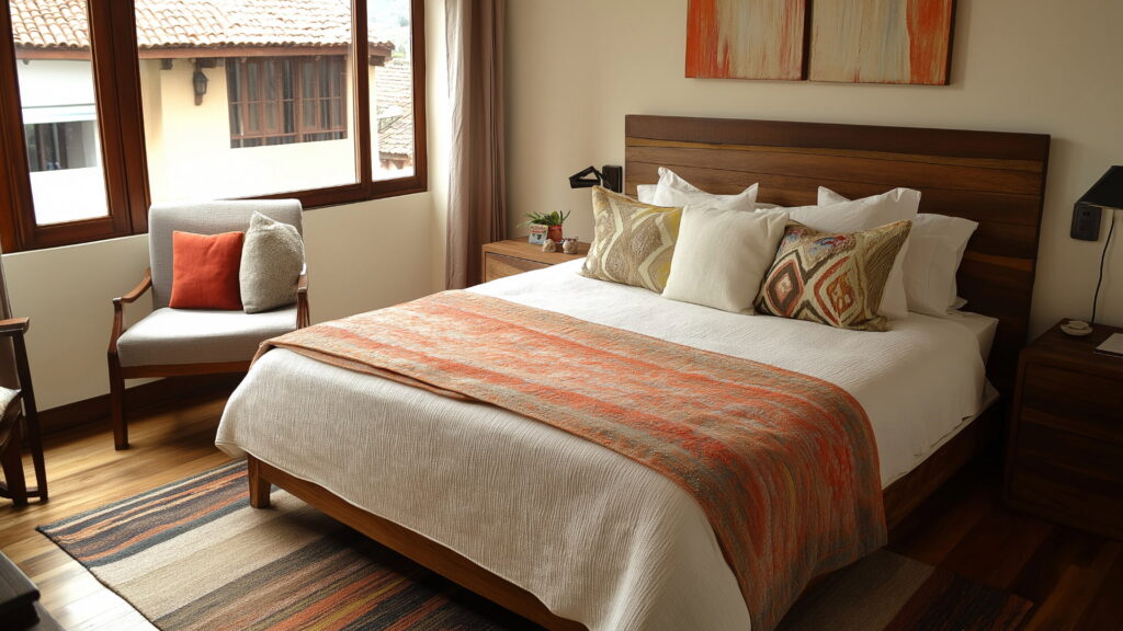 Cozy hotel room with Andean textiles, representing high-quality accommodation for the Short Inca Trail or post-trek rest - Peru Hikers