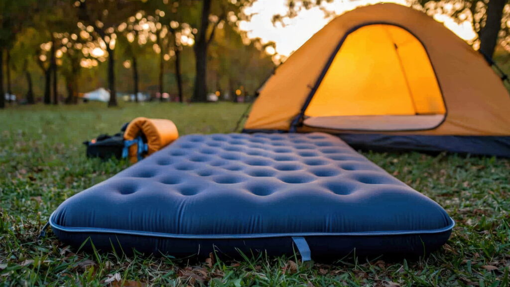 Comfortable inflatable mattress outside a tent, showing the provided sleeping gear for the Classic Inca Trail - Peru Hikers