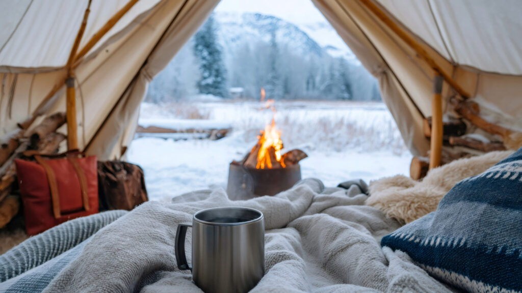 Luxurious interior view of a high-end tent with blankets and hot mug, demonstrating comfortable Inca Trail accommodation - Peru Hikers
